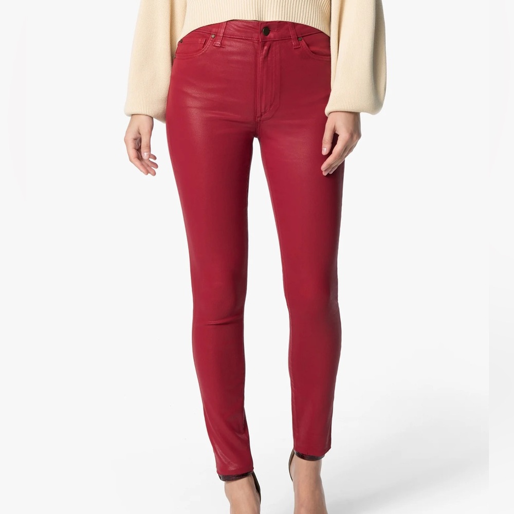 Joe's Jeans Charlie Coated Ankle Skinny Jeans in Red with Frayed Hem